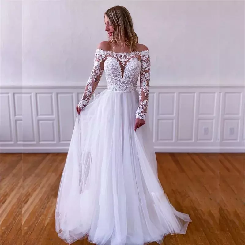 Женское винтажное свадебное платье, привлекательное ТРАПЕЦИЕВИДНОЕ платье из тюля с открытыми плечами, длинными рукавами и кружевной аппликацией на пуговицах сзади