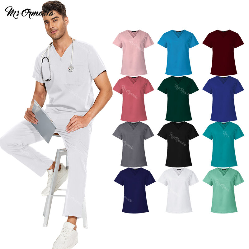 Uniformes quirúrgicos sencillos para enfermera, traje de enfermería con bolsillos y cuello en V, ropa de trabajo para dentista y clínica médica
