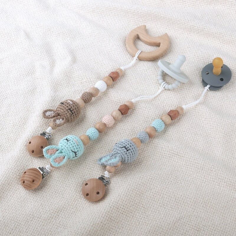 Nursing Dummy Clip Teething Bead Crochet Rabbit Pacifier Clip Anti-Lost Nipple Chain Baby Chewing Toy Clothes Decors