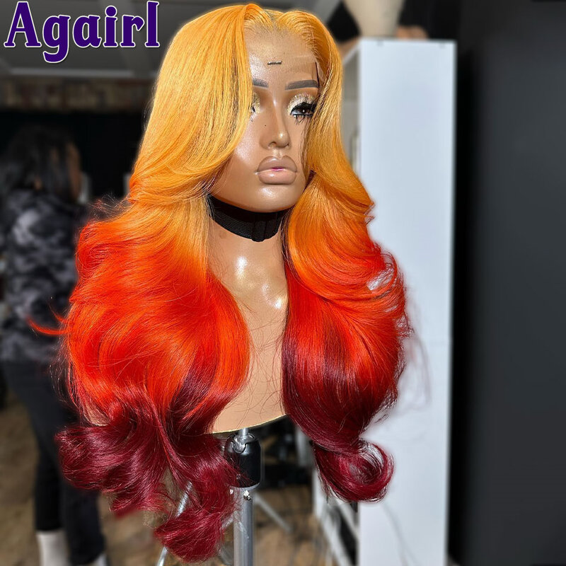 Perruque Lace Front Wig Body Wave naturelle, cheveux humains, ombré, orange, rouge, blond 200%, 13x6, 613