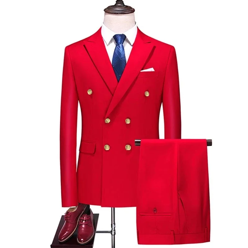 Fato de trespassado duplo monocromático masculino, blazers finos, jaqueta masculina, calças e casacos de casamento, 2 PCs
