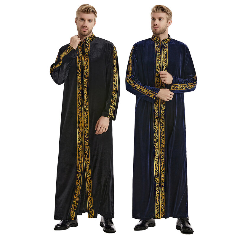 Men's Muslim Stand Collar Embroidery Ramadan Thobe with Long Sleeves Islamic Robe Kaftan Thawb Dubai Ankle Length Abaya