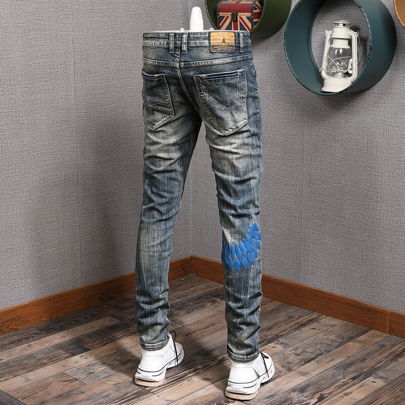 Джинсы мужские в стиле ретро, модные синие Эластичные зауженные винтажные рваные джинсы с принтом, дизайнерские брюки из денима в стиле хип-хоп, уличная одежда