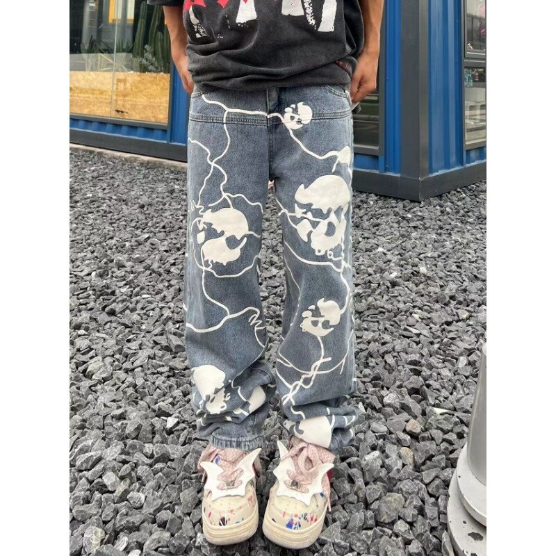 Jeans da uomo europei e americani Y2K pantaloni dritti in Denim con teschio stampato Hip-Hop da uomo pantaloni in Denim personalizzati High Street