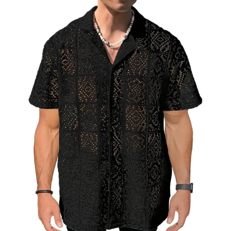 Повседневная дышащая пляжная сетчатая рубашка для мужчин, топ с коротким рукавом, на пуговицах, с отворотами, сетчатая винтажная Однотонная рубашка, лето