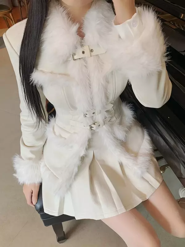 2024 Korean Fashion 2 Piece Sets Women Casual Long Sleeve Elegant Y2K Winter Coat + Office Lady Sweet Short Party Skirt