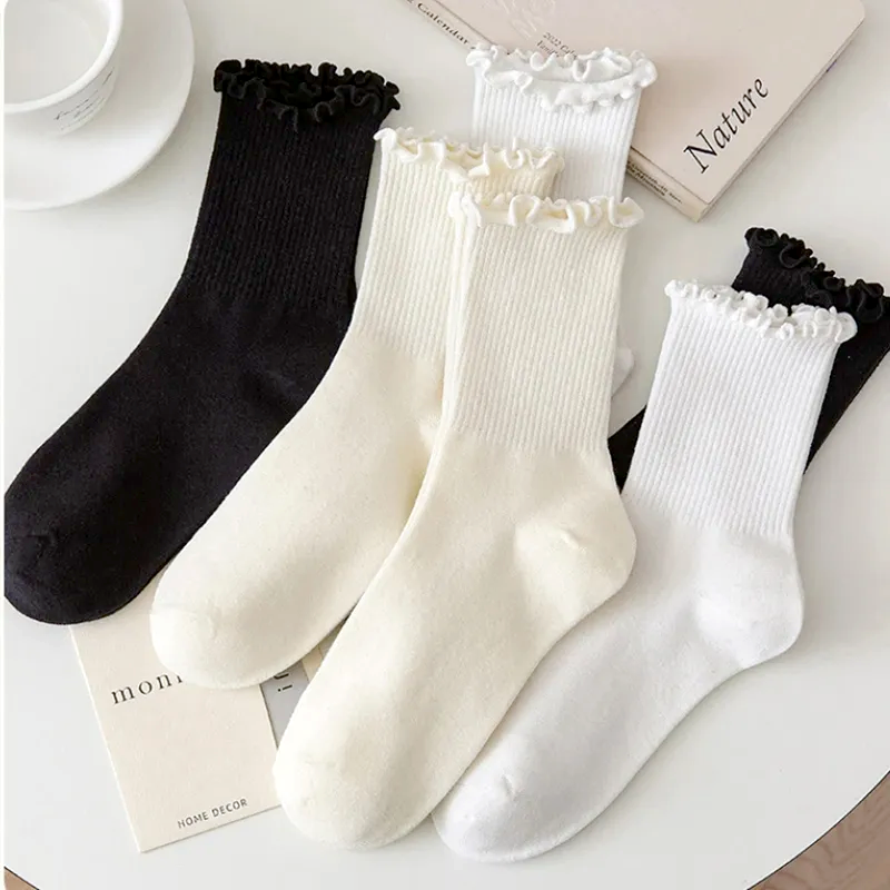 Meias de algodão plissado para mulheres, moda Kawaii, luxo, sólido, coreano, japonês, JK Lolita, tubo médio, meias de tornozelo, primavera, outono
