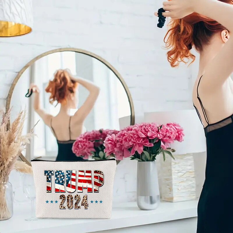 Bolsa de maquiagem de linho com zíper para mulheres Saco de armazenamento de grande capacidade Saco organizador Saco de lavagem Estampas da série Trump Bolsa de linho