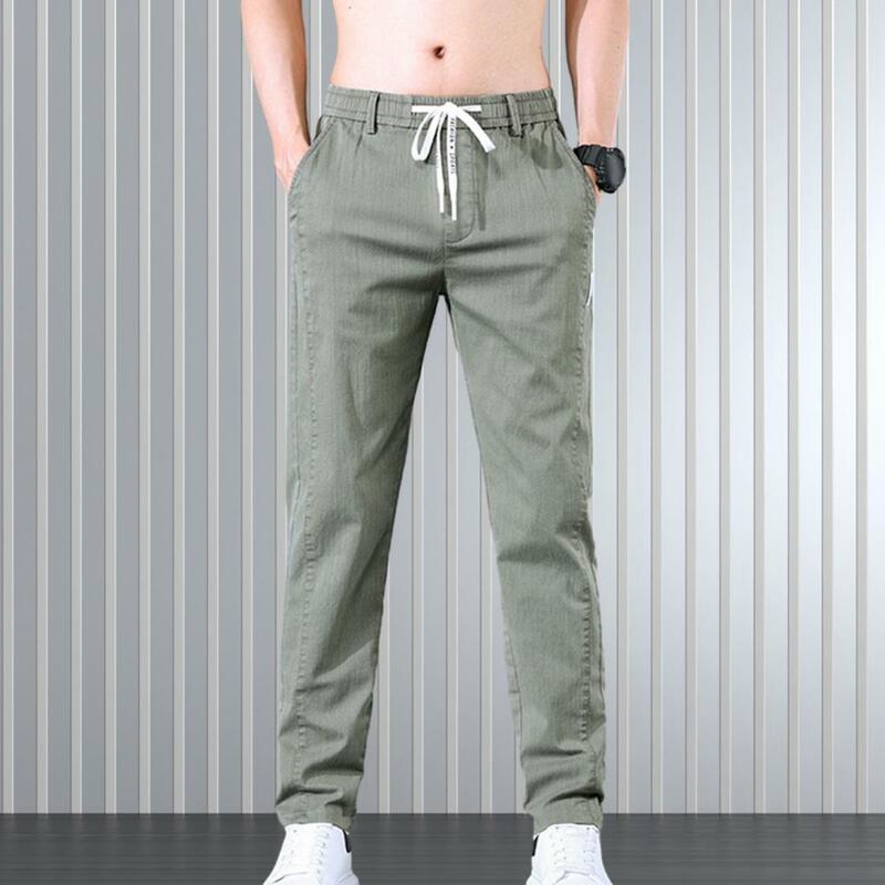 남성용 스트레이트 레그 팬츠, 드로스트링 디자인 바지, 신축성 있는 허리, 슬림한 핏 바지, 주머니가 있는 부드러운 캐주얼 바지