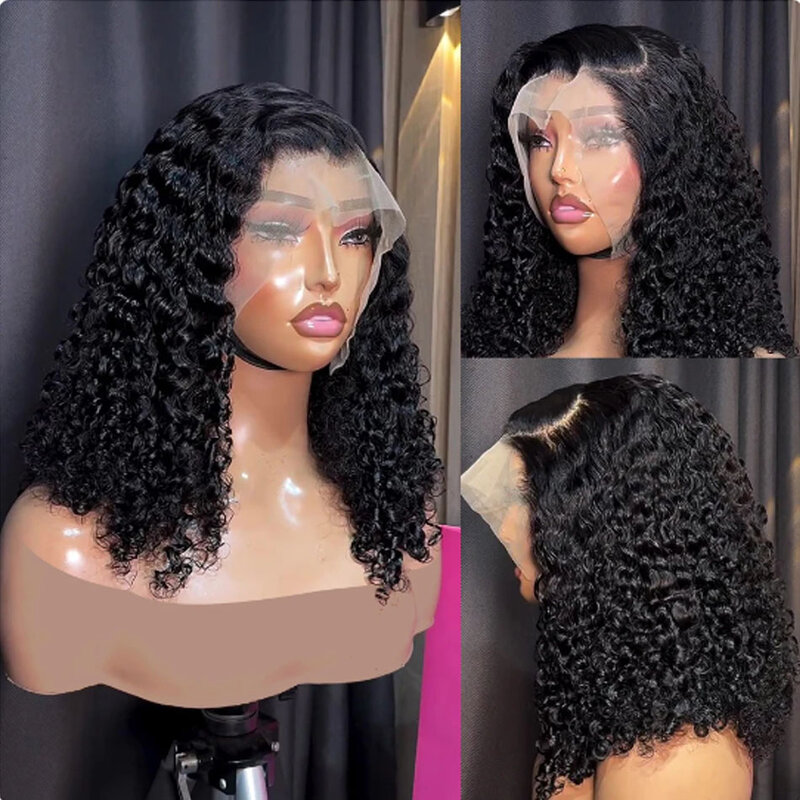 Peluca de cabello humano rizado corto sin pegamento para mujer, postizo de encaje Frontal 13x4, 12A, prearrancado, transparente