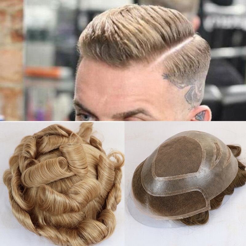 Abu pirang gelombang pengganti rambut Versalite PU & renda rambut manusia rambut palsu pria prostesis bernapas potongan rambut tahan lama