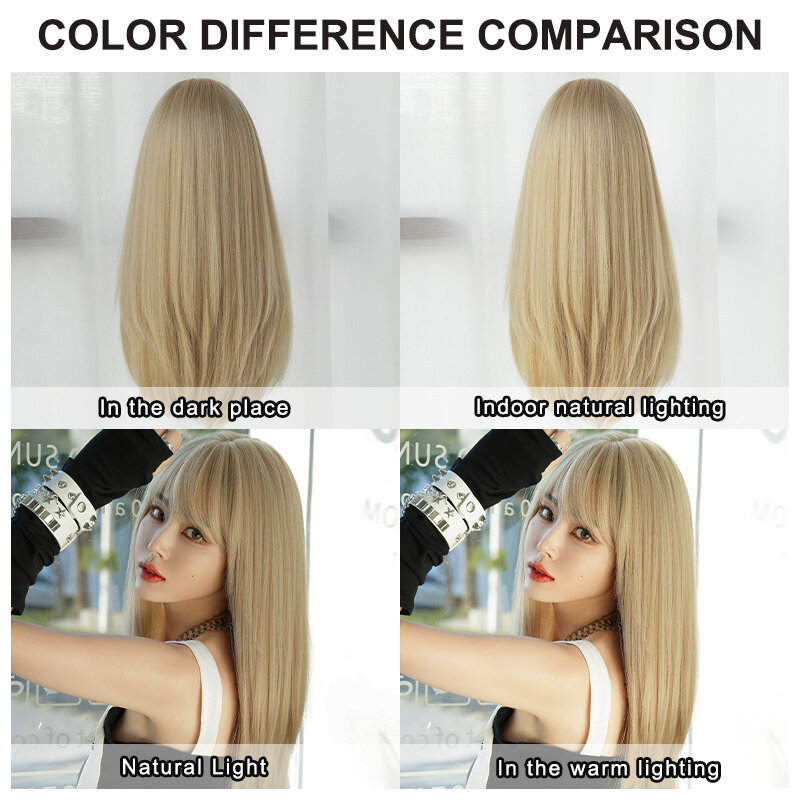 7JHH WIGS Long Straight Blonde Wig for Women Daily High Density Synthetic Layered Hair Wigs with Curtain Bangs Heat Resistant