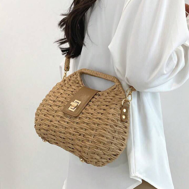 Модные женские сумочки из соломы с ракушкой, плетеные сумки через плечо, летняя пляжная сумка ручной работы, маленькие кошельки для отпуска, 2024