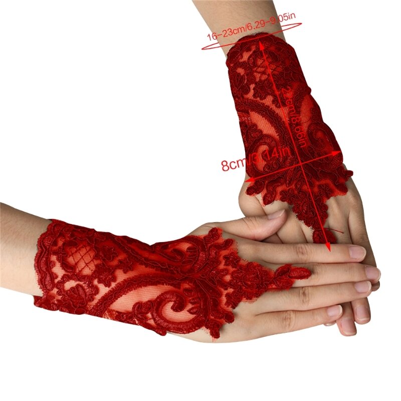 女性のための刺繍されたレースのリストバンド,28 cm,パーティー,結婚式,赤,合成,滑り止め