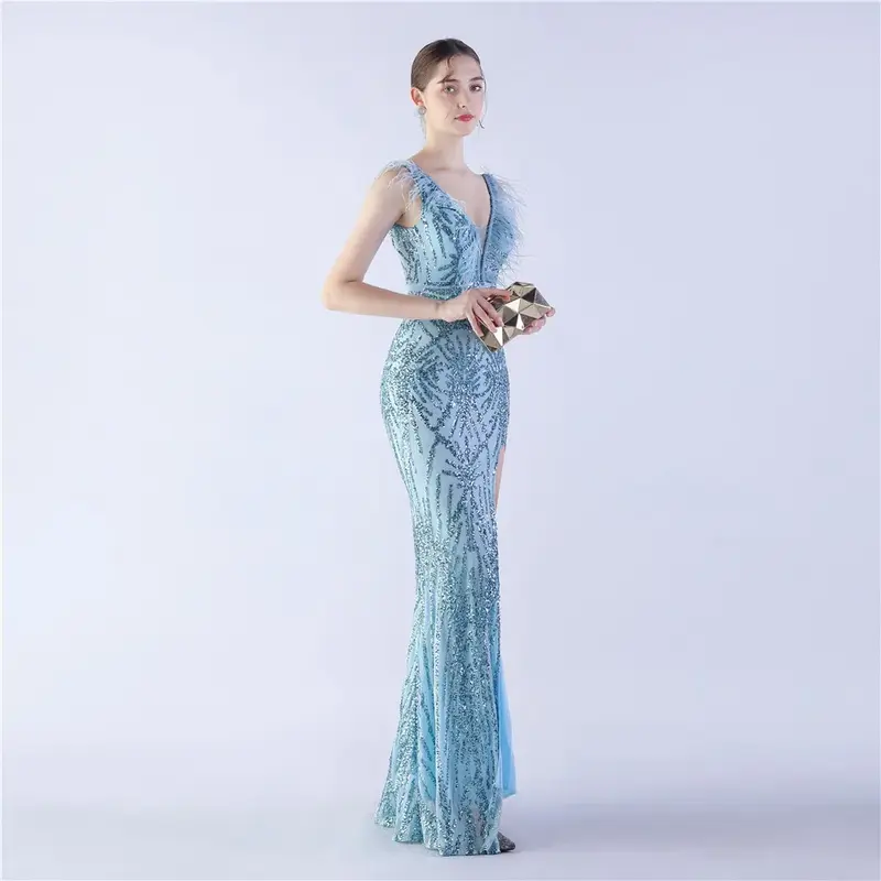 Sladuo Sexy V Neck With Father Sleeveless Slit Mermaid Casual Fashion Cocktail Evening Dress Skinny Party Dress