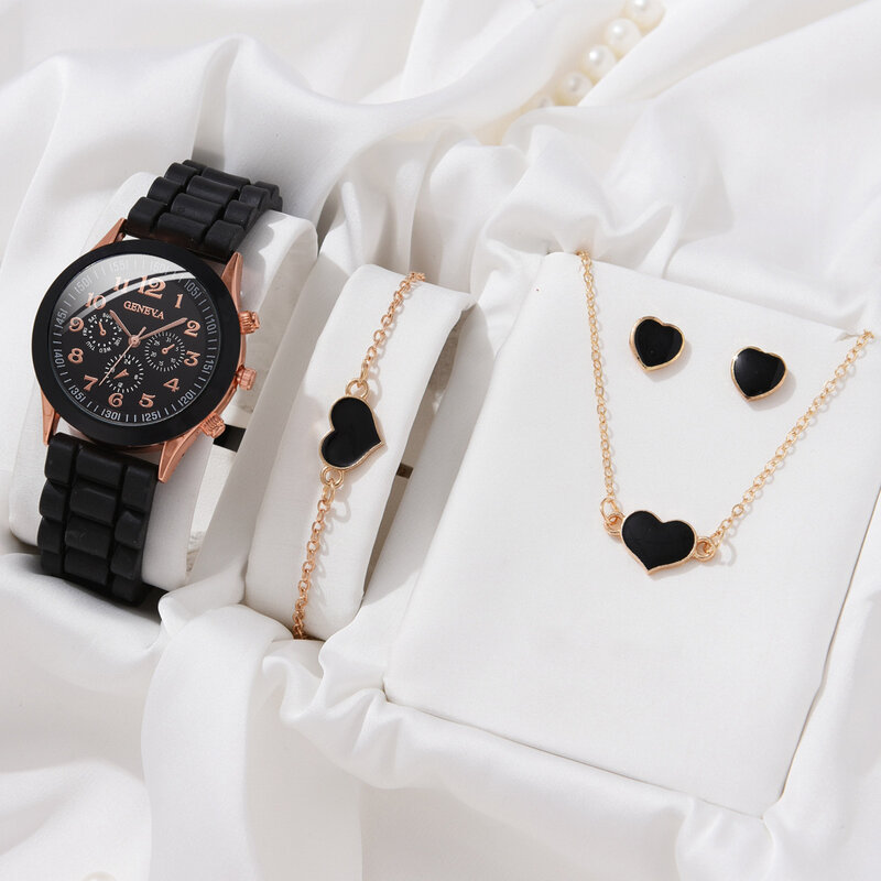 5ชิ้นชุดนาฬิกาหรูหราผู้หญิงแหวนสร้อยคอต่างหูพลอยเทียม Fashion Jam Tangan สร้อยข้อมือนาฬิกาลำลองผู้หญิงหญิงนาฬิกาชุดนาฬิกา