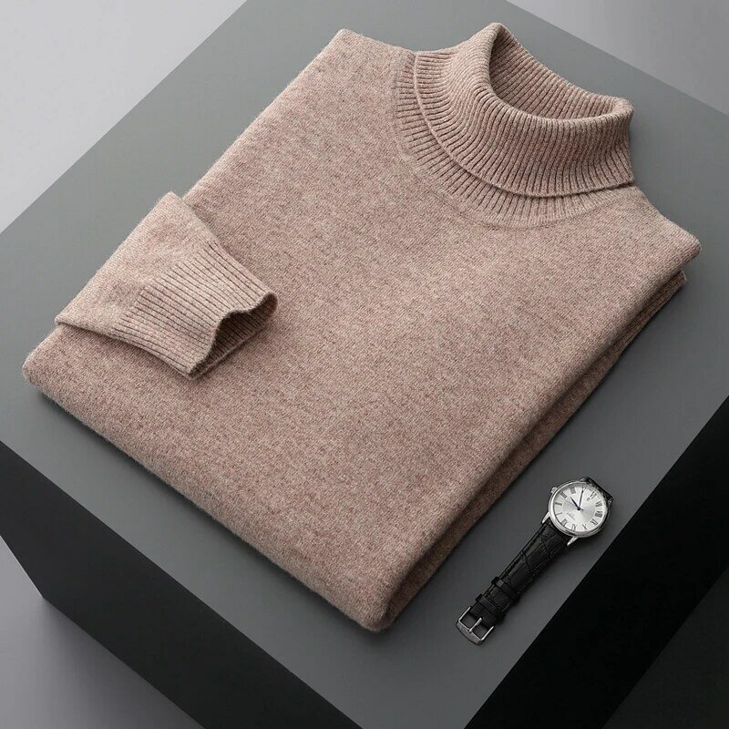 Suéter de cuello alto grueso para hombre, camisa de fondo de lana 100%, tejido de cachemira de negocios, otoño e invierno