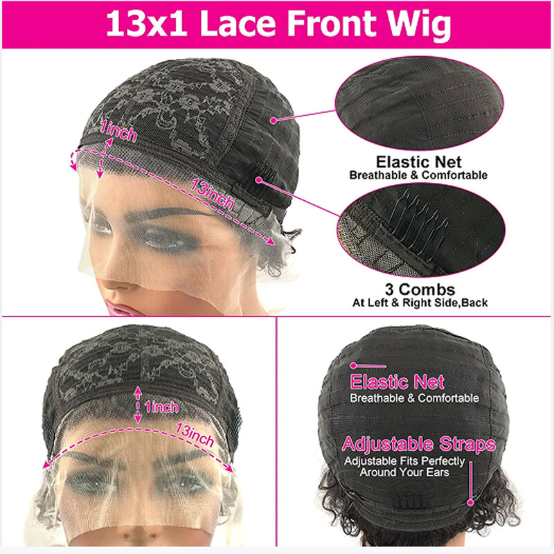 Perucas de cabelo humano remy brasileiras para mulheres, peruca profunda de Bob Encaracolado, corte Pixie curto, linha fina natural, cor Borgonha, renda 13x1