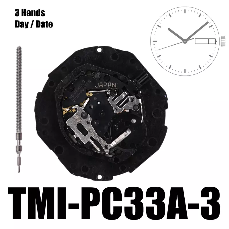 PC33 gerakan TMI-PC33A gerakan kalender ganda pergerakan-PC33A 3 Tangan hari/tanggal ukuran: 10 ½height Tinggi: 4.15mm