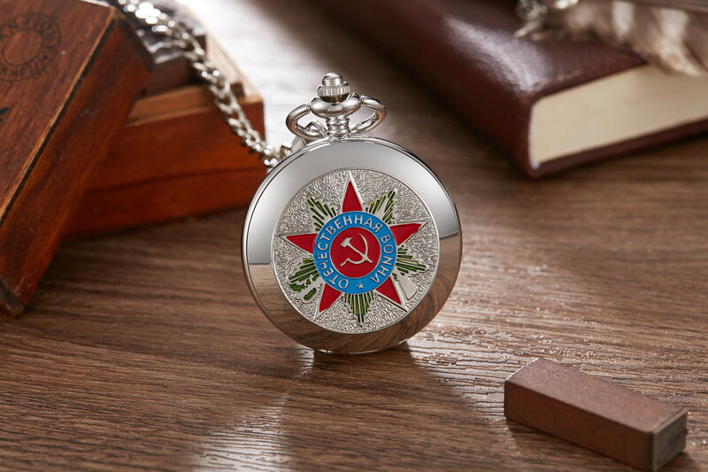 Fashion Bronze Skeleton Insignia Comunista orologio da tasca meccanico orologio da taschino con Design della cassa del martello della falce sovietica con catena