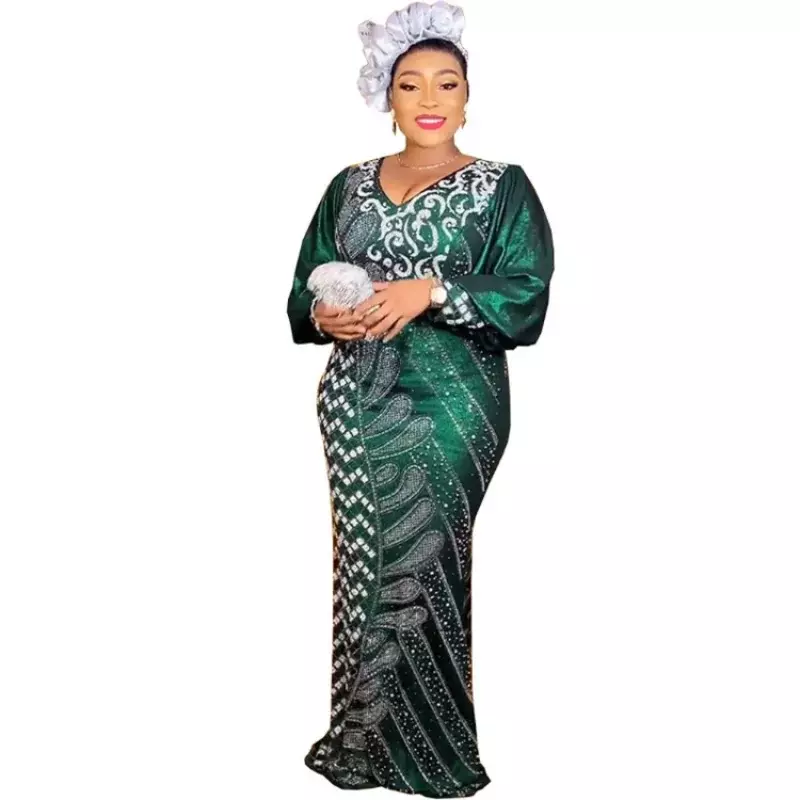 African Long Mermaid Dress Women V Neck Ruched Splice Long Sleeve Robes Fashion New Sexy Elegant Velvet African Maxi Dress Gown