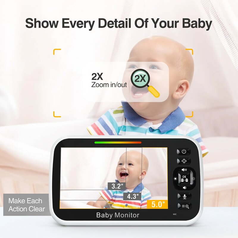 Babystar 5.0 Inch Babyfoon Draadloze Video Nanny Camera Beveiliging Nachtzichttemperatuur Slaap Afstandsbediening 2 Weg Audio