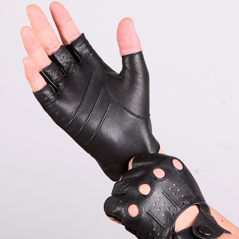 Half Finger Leather Gloves Male Spring Summer Thin Unlined Breathable Anti-Slip Sheepskin Men Driving Gloves Touchscreen M046P-1
