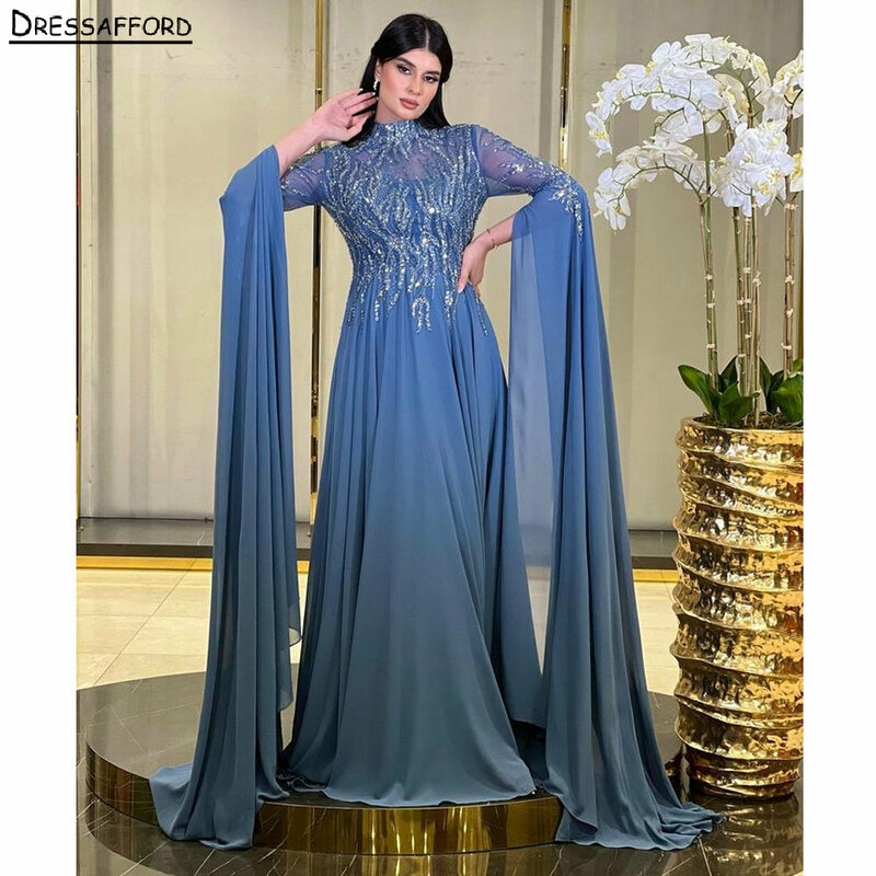 Dubai alta pescoço lantejoulas beading vestido de noite uma linha ilusão manga longa fitas saudita árabe formal festa vestido