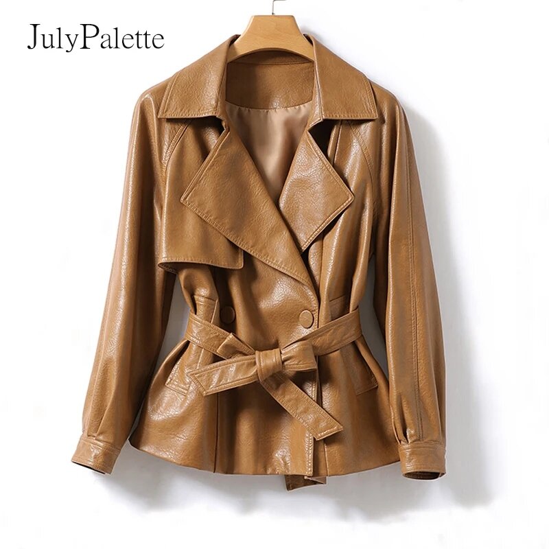 Julypalette-Chaqueta de piel auténtica para mujer, abrigo corto con cinturón y cordones, prendas de vestir de piel de oveja auténtica para oficina, Primavera, 2022