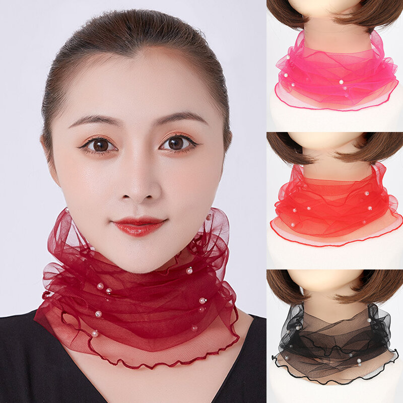 Elegant Mesh Faux Pearl Collars Women Lace Beaded Scarf Spring Summer Scarves Wind Sun Protection Clothes Accessories