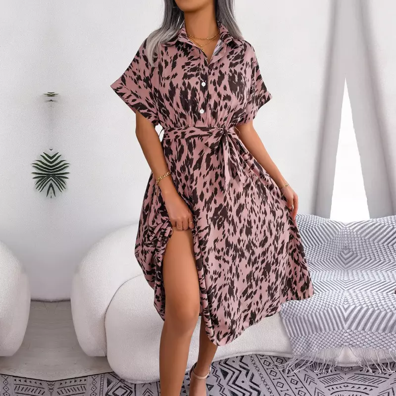 Fashion  Women Summer Casual Print Loose Leopard Lace Shortsleeve Shirt Dress For Female Lapel Mid-calf Length Dress