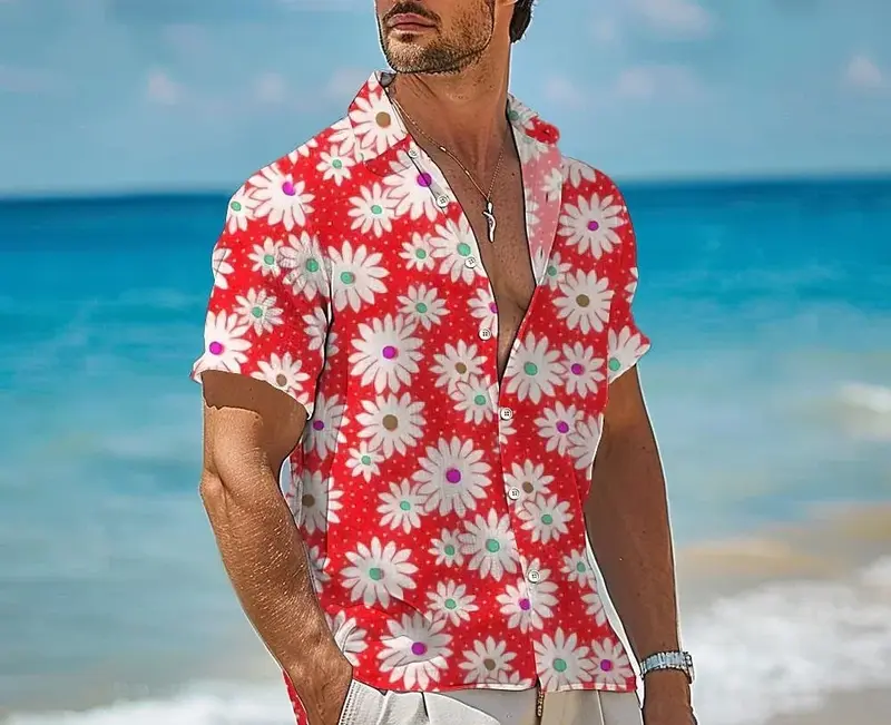 Men's Hawaiian Shirt, Comfortable and Soft Fabric, 3D Printed Blue Flower Pattern, Short Sleeve, Plus Size, Resort Clothing