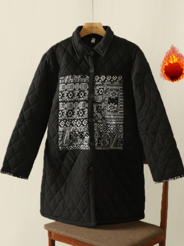 Куртка женская средней длины с винтажным принтом, модный свободный утепленный жакет с отложным воротником в стиле пэчворк, простая Повседневная Удобная универсальная куртка