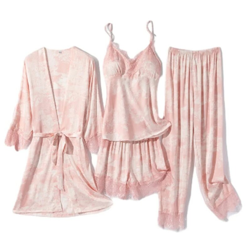 Piżamy damskie 4 sztuki zestawy satynowa jedwabna bielizna nocna pasek koronka piżama z komplet piżamy luźną wygodna bielizna cienką piżama