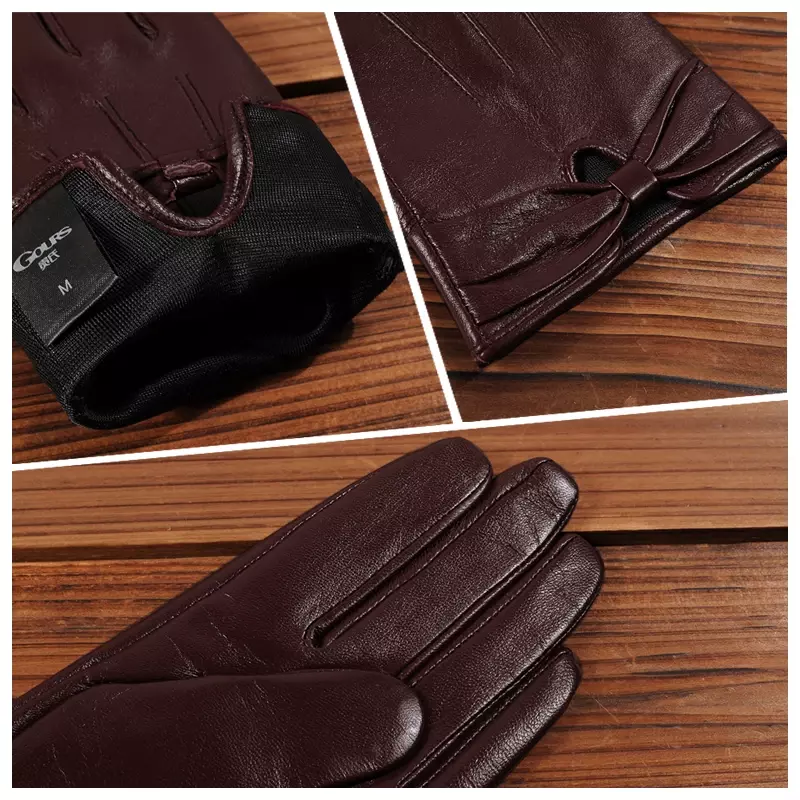 Gour sarung tangan kulit asli musim gugur dan musim dingin sarung tangan kulit kambing asli hitam wanita sarung tangan hangat lembut mode garis tipis baru GSL045