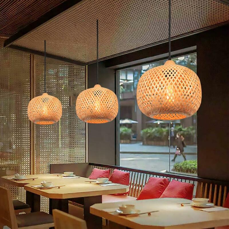 Mão de malha estilo chinês luzes pingente de bambu, tecelagem lâmpadas suspensas, iluminação interior, sala de estar, restaurante, decoração de casa