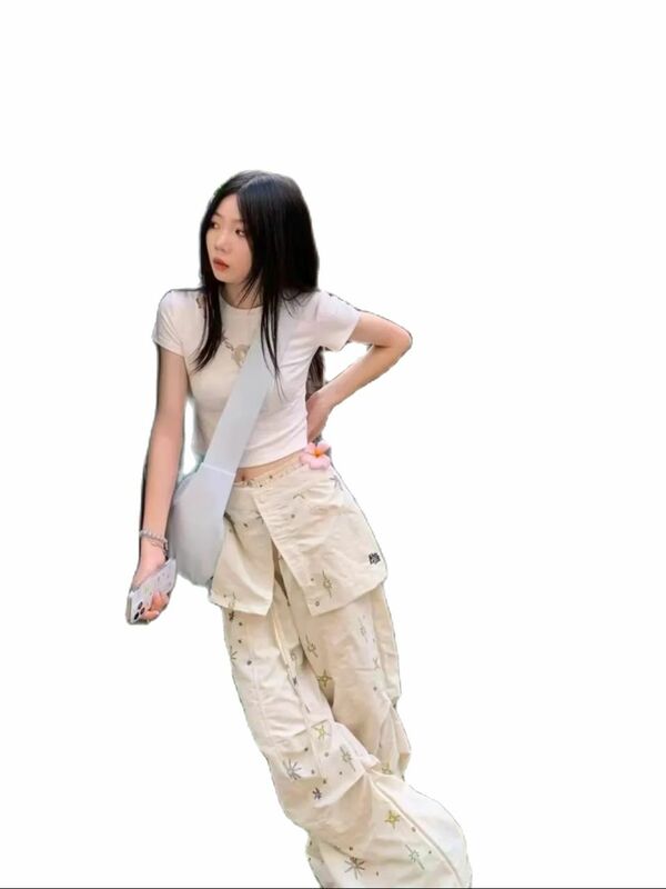 Calça branca folgada feminina, estrela destacável, cintura alta, calça de paraquedas grande, calça vintage, roupa estética