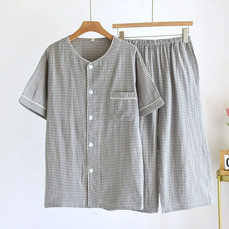 Short Sleeve Top Capris Plaid Pajamas for Men's and Women's Cotton Homewear Round Neck Summer Set Woman 2 Pieces Home Clothes