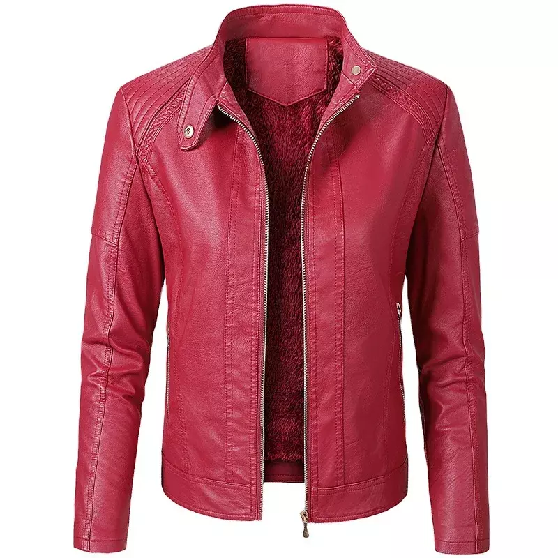 2021 New Faux Pu Leather Jackets Women Autumn Outerwear Winter Velvet Coats Slim Moto Jacket Black Red Womens Clothing
