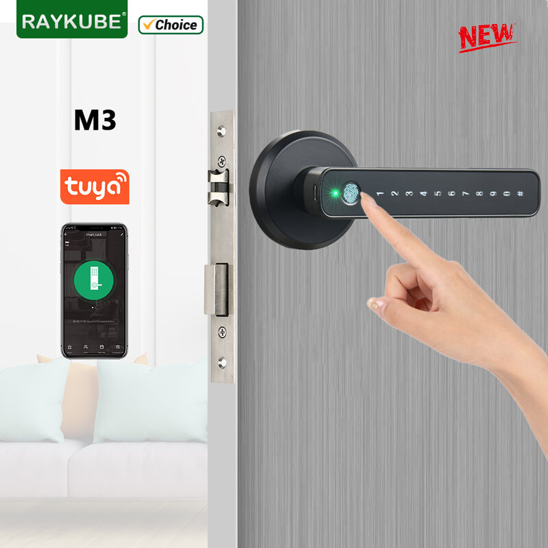 RAYKUBE-cerradura de puerta inteligente M3, dispositivo de cierre con huella dactilar, contraseña, con llaves, desbloqueo por aplicación Smartlife/Tuya, para puerta de Metal y madera interior