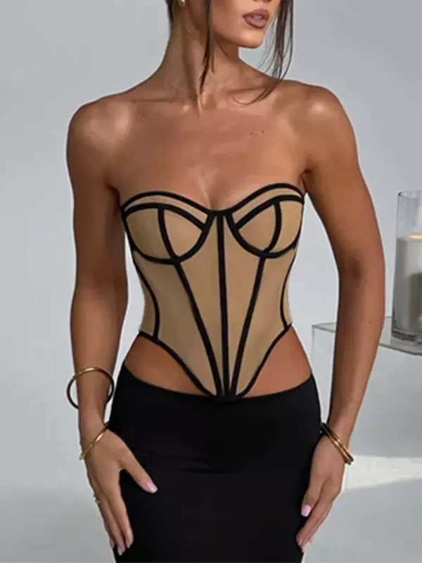 Fashion Women´s Summer Fitted Tube Tops Sleeveless Off Shoulder Contrast Color Bandeau Tops Streetwear
