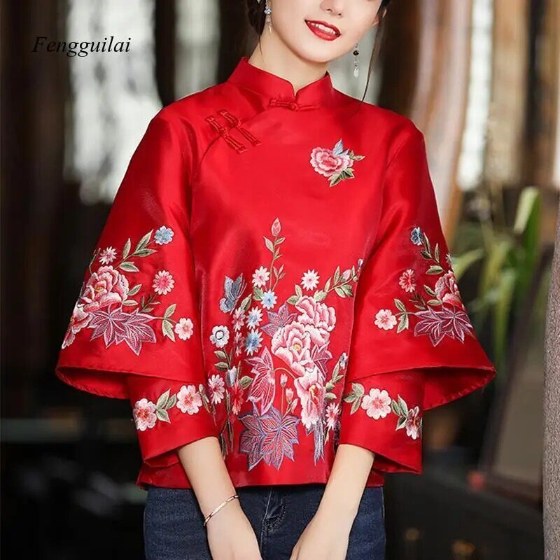 2022 primavera e outono estilo étnico tang terno casaco retro bordado botão chinês topo feminino blusa solta elegante