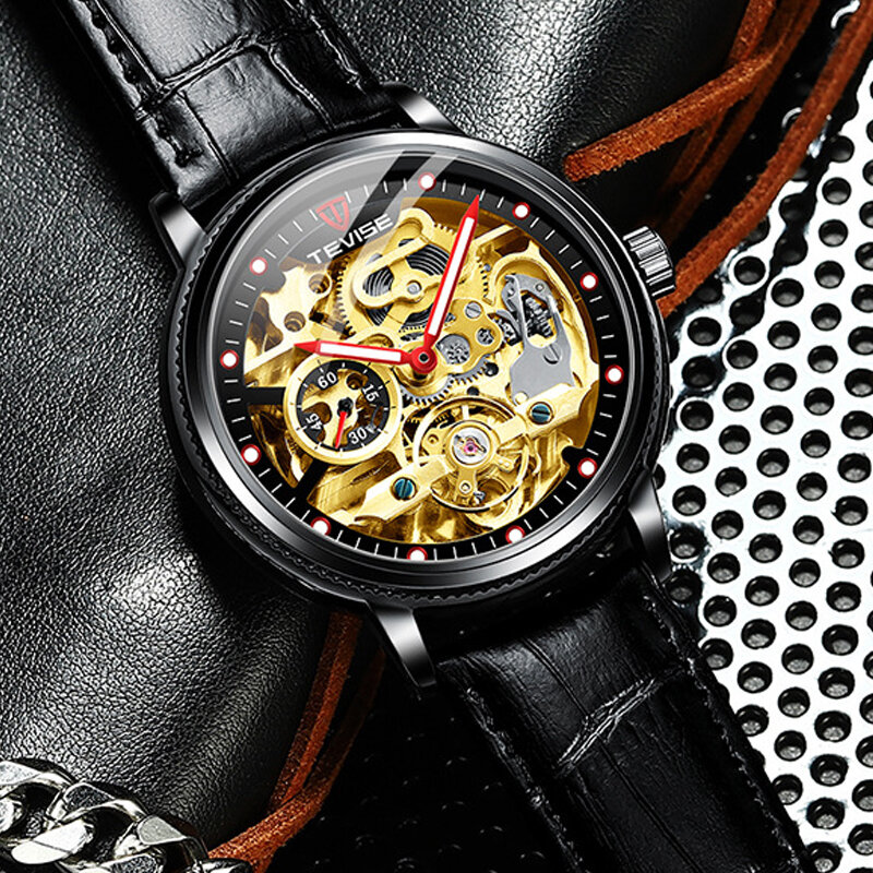 3D Skeleton mechaniczny zegarek dla mężczyzn Tourbillon automatyczne męskie zegarki biznes zegarek wodoodporny złoty Relogio Masculino nowy