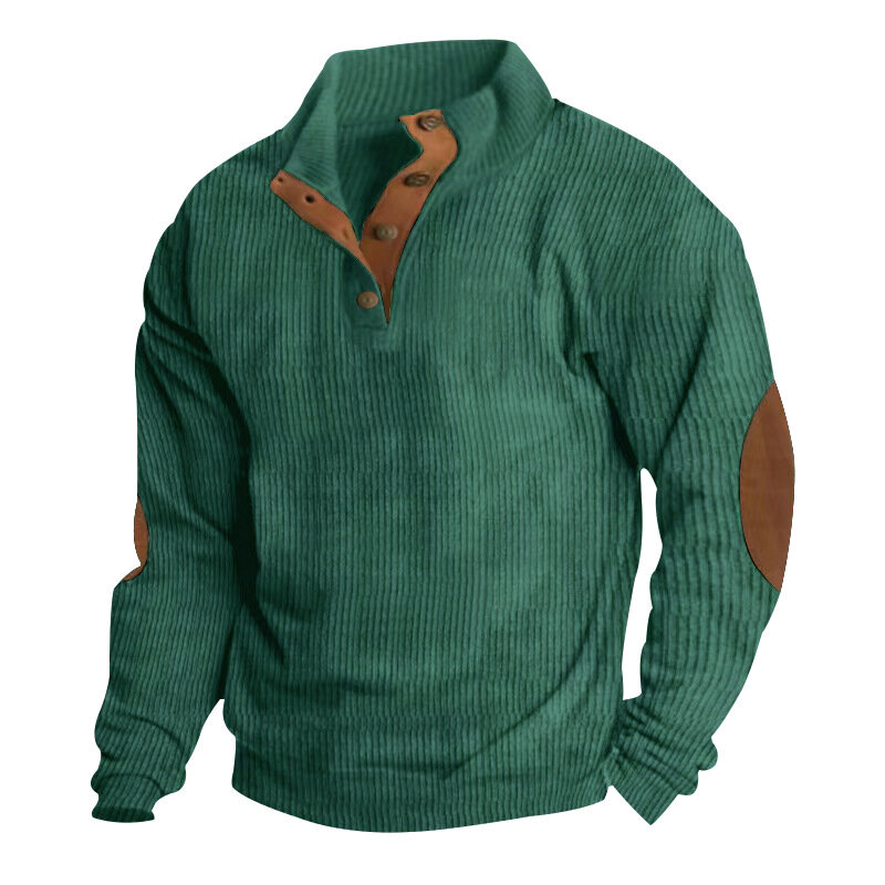 Camisola de retalhos de contraste masculina, moletons casuais, moletons soltos de manga longa, tops masculinos de gola com botão, outono