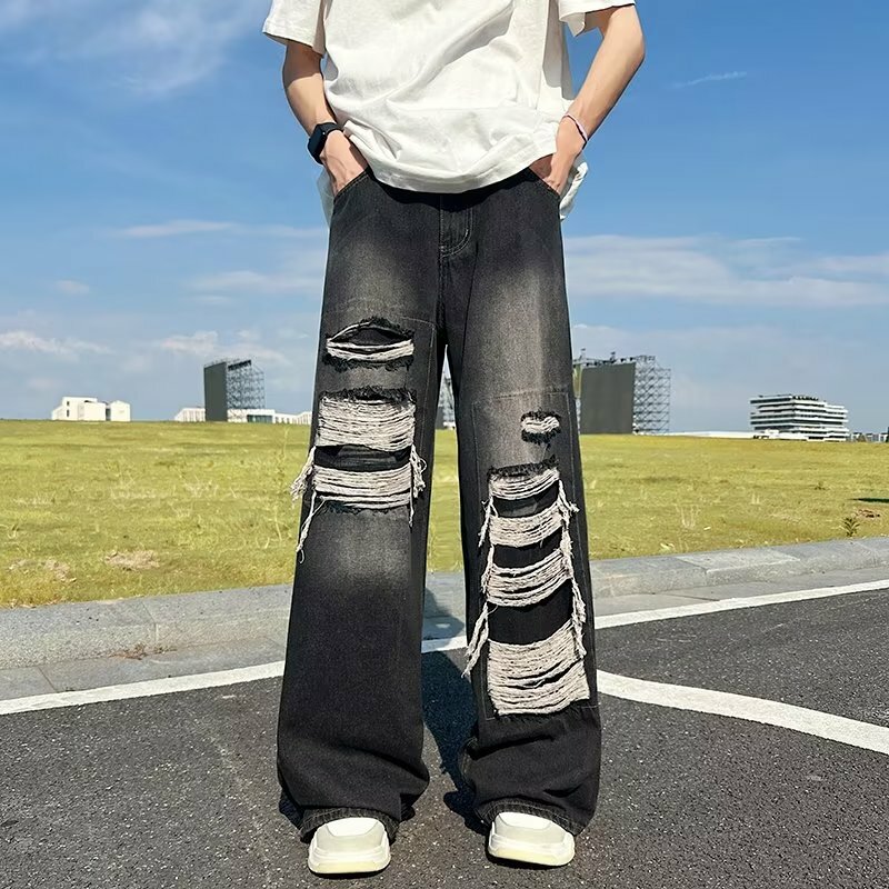 2024 porwane jeansy mężczyzn w stylu vintage, aby zrobić stare spodnie z szerokimi nogawkami, luźne, proste, swobodne