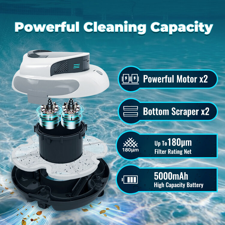 เครื่องทำความสะอาดสระว่ายน้ำแบบหุ่นยนต์ไร้สายทำความสะอาดได้รวดเร็ว1000ตร. ฟุต3ชั่วโมง