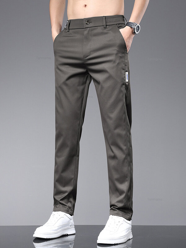 Summer Ultra-thin Men's Elastic Casual Pants Fashion Soft Ice Silk Solid Color Elastic Waist Slim Straight Trousers Black Beige