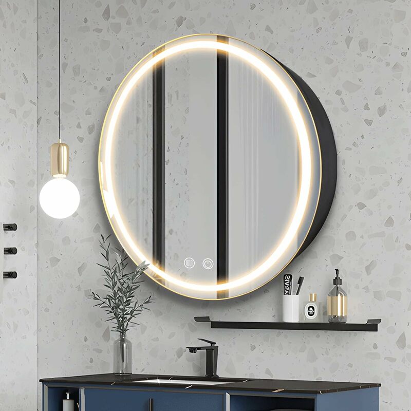 Janboe 26inch Round Medicine Cabinet with Lights,Led Medicine Cabinet with Defogger,Illuminated Mirror Cabinet for Bathroom,Dimm