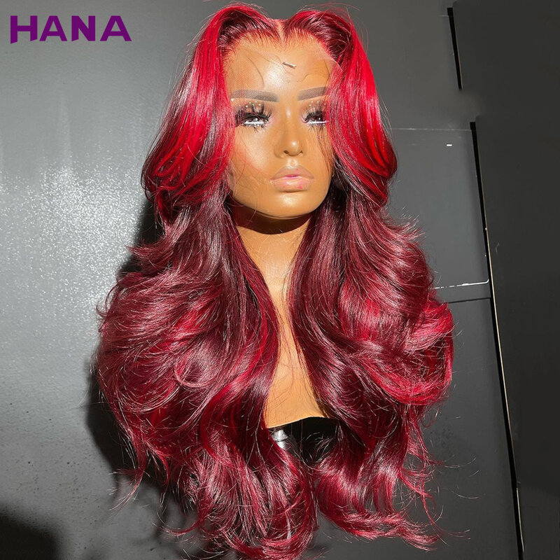 Burgundy With Red Body Wave Lace Frontal Wigs Human Hair Wigs With Baby Hair Transparent 7x5 Glueless Wear Go Lace Closure Wig