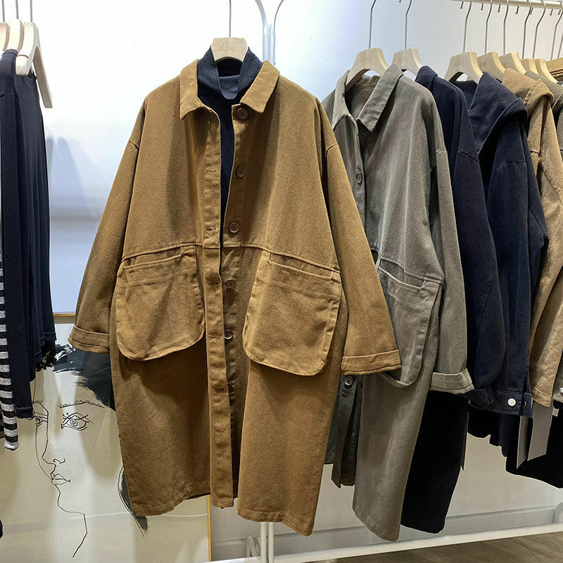 Abrigo de longitud media con solapa para mujer, abrigo holgado de manga larga, bolsillos grandes, color sólido, estilo retro, talla grande